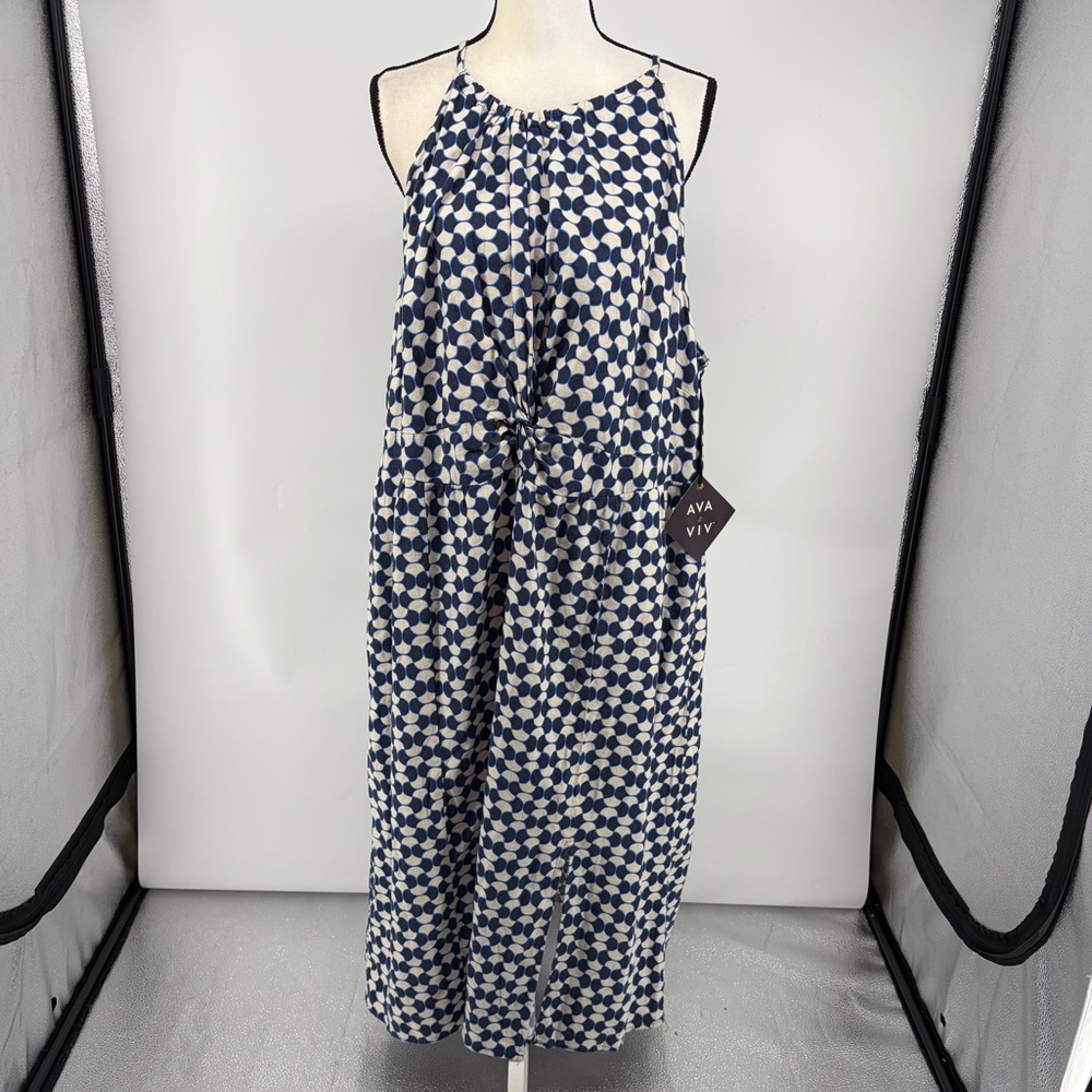 NWT Ava & Viv Dress Women's 2X Blue White Geometric Halter Neck Pockets Plus